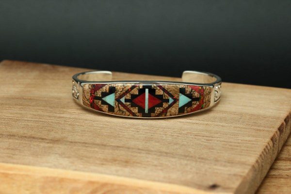 Navajo Multi Color Inlay Rug Design Bracelet
