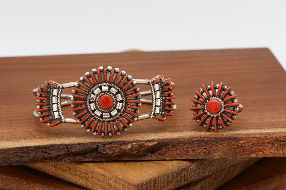 Zuni Coral Bracelet Ring Set - Native American Bracelets, Native 