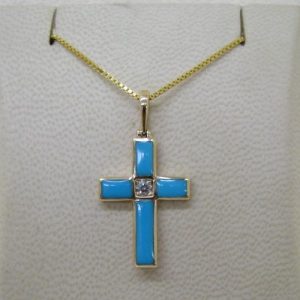 Kabana 14k Gold Cross Pendant with Inlay Turquoise